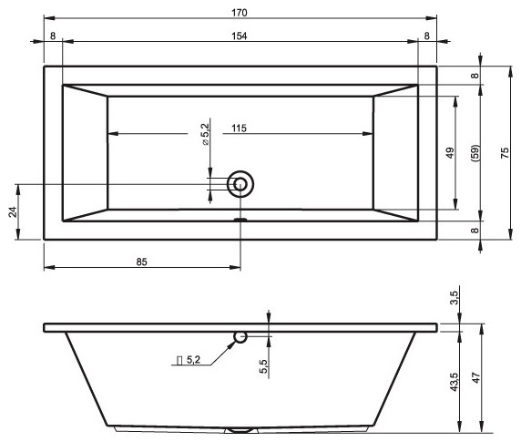 Ванна акриловая Riho Lusso 170x75 B007001005 пристенная