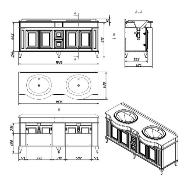 Тумба под раковину Caprigo Fresco 10629 185 см напольная (эмаль)