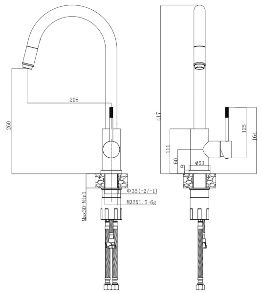 Смеситель для кухонной мойки Voda Vessel Gun Metal VSL519GM оружейная сталь матовый с выдвижным изливом