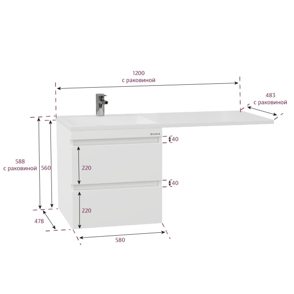 Тумба под стиральную машину Onika Флэтон 105808 60 см белая подвесная (раковина Марсал 120)