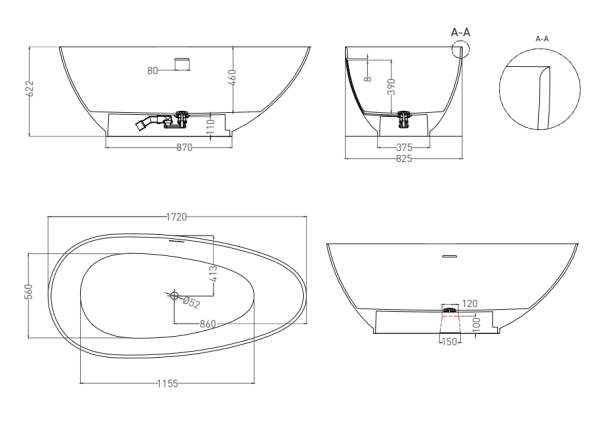 Ванна из искусственного камня Salini Paola 170x85 101512SM белая матовая отдельно стоящая