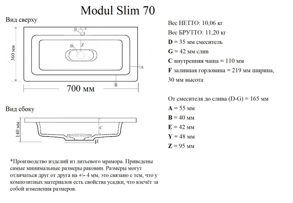 Мебельная раковина Madera Modul 4627173210911 70 см белая глянцевая