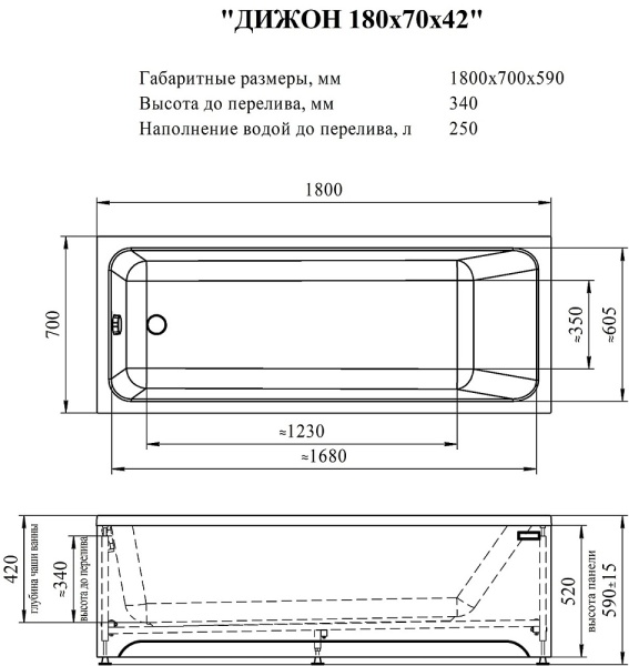 Ванна акриловая Radomir Дижон 180x70 2-01-0-0-1-280Р пристенная c каркасом