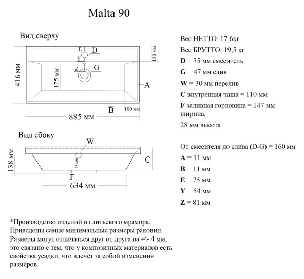 Накладная раковина Madera Malta 4627173210867 90 см белая глянцевая