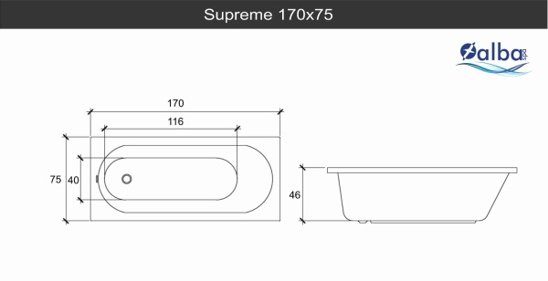 Ванна акриловая Alba Spa Supreme 170х75 ВПР041000200 белая