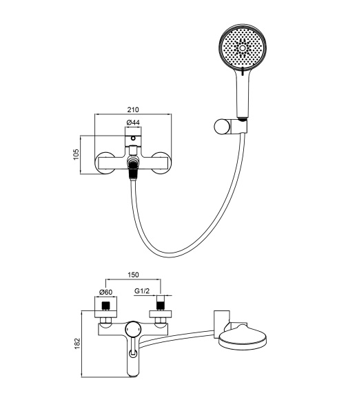Смеситель для ванны Wonzon & Woghand Solo WW-639032-1-CR хром глянцевый с душевым гарнитуром