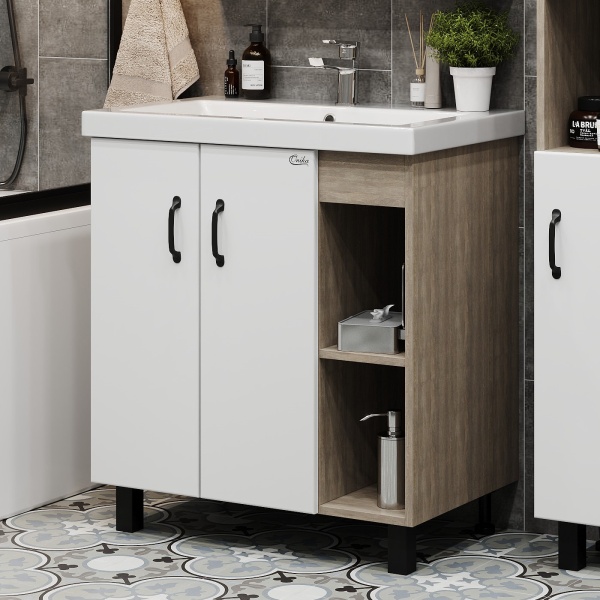 Тумба под раковину Onika Тимбер 109033 85 см R дуб сонома и белый напольная (раковина Адриана 90)