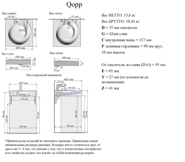 Подвесная раковина Madera Qopp 4627173210140 60 см белая глянцевая на стиральную машину