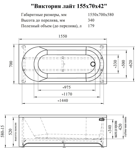 Ванна акриловая Radomir Виктория Лайт 155x70 2-01-0-0-1-271Р пристенная c каркасом