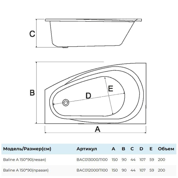Ванна акриловая Alba Spa Baline 150x90 L ВАС013000Л100 пристенная