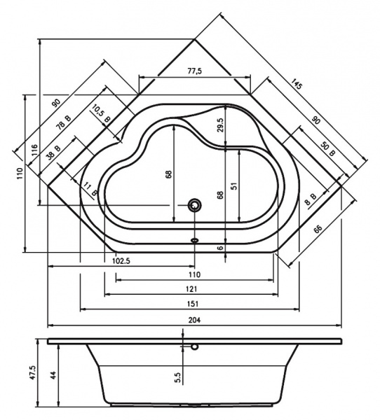 Ванна акриловая Riho Winnipeg 145x145 B010001005 угловая