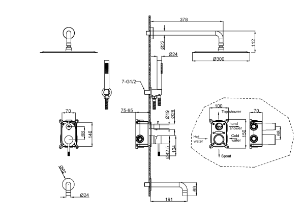 Душевой комплект Boheme Uno Inox 464-2-INOX нержавеющая сталь встраиваемый