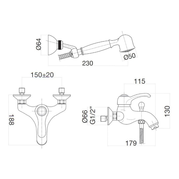 Смеситель для ванны Webert Aurora AU850101015(153) хром глянцевый с душевым гарнитуром