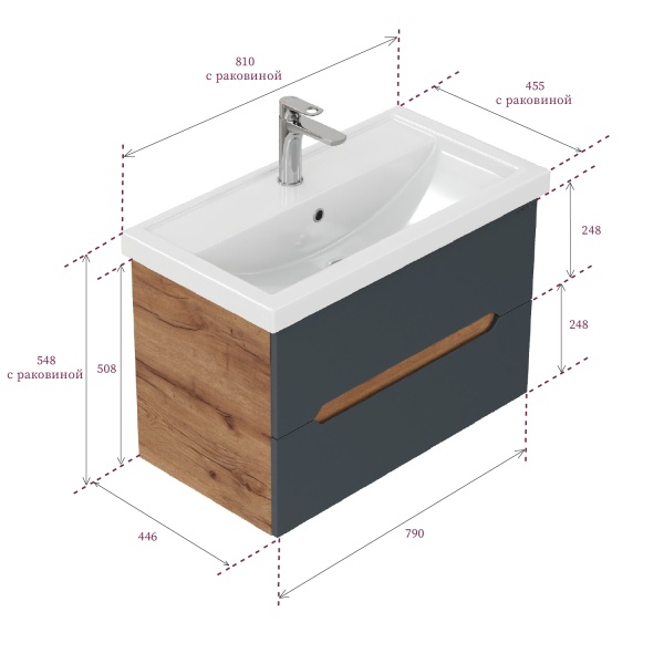Тумба под раковину Onika Айленд 108064 80 см графит и дуб крафт золотой подвесная (раковина Фостер 80)