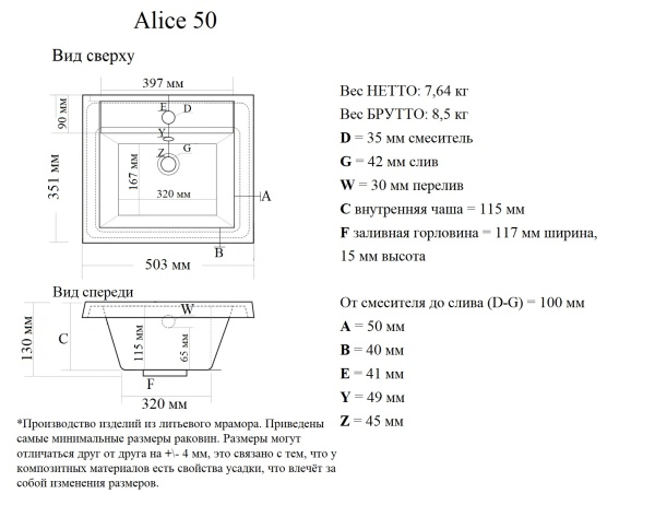 Мебельная раковина Madera Alice 4627173210294 50 см белая глянцевая