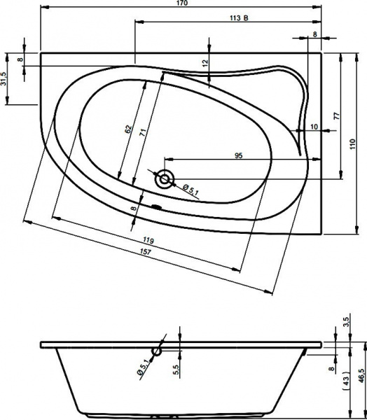 Ванна акриловая Riho Lyra 170x110 L B018001005 угловая