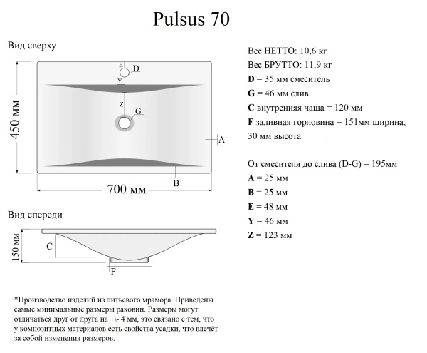 Мебельная раковина Madera Pulsus 4627173210485 70 см белая глянцевая