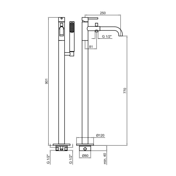 Смеситель напольный Webert Elio EL851101560 черный матовый с душевым гарнитуром