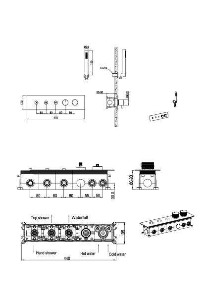 Смеситель для ванны и душа Boheme Fusion Termo 131-SYS-GM графит встраиваемый с душевым гарнитуром