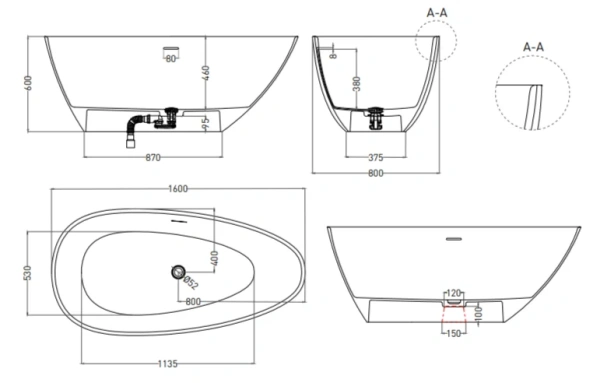 Ванна из литьевого камня Salini Paola 160x80 1015103G белая глянцевая отдельно стоящая