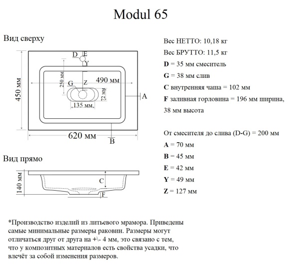 Мебельная раковина Madera Modul 4627173210423 65 см белая глянцевая