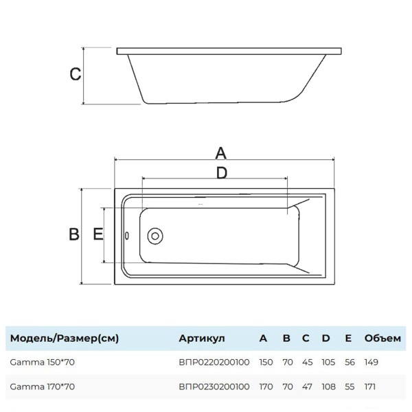 Ванна акриловая Alba Spa Gamma 150x70 ВПР0220200100 пристенная
