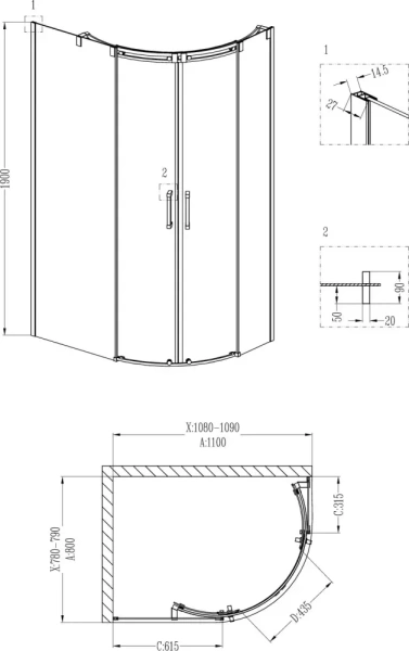 Душевая дверь Grossman Galaxy 110x80x190 GR-4110L профиль хром, стекло прозрачное