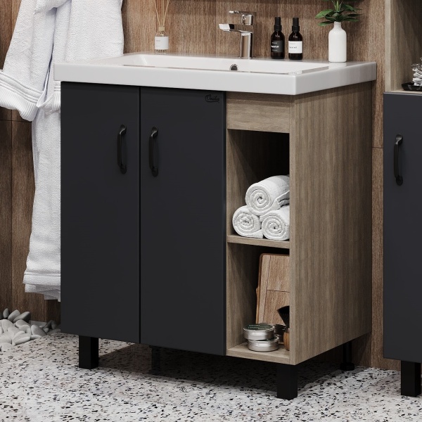 Тумба под раковину Onika Тимбер 109034 85 см R дуб сонома и серый напольная (раковина Адриана 90)