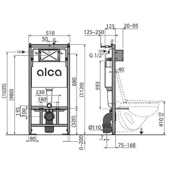 Инсталляция для унитаза AlcaPlast AM101/1120-4:1 RUM670-0001 с белой кнопкой смыва