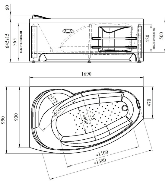 Ванна акриловая Radomir София 170x100 R 2-01-0-2-1-223 угловая c каркасом