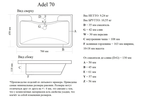 Мебельная раковина Madera Adel 4627173210232 70 см белая глянцевая
