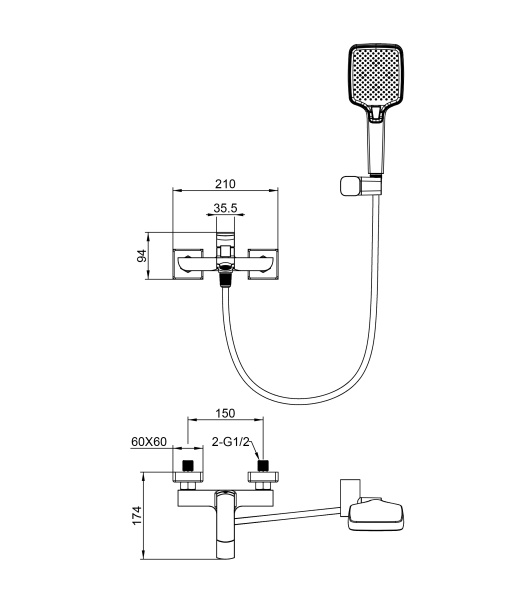 Смеситель для ванны Wonzon & Woghand Forza WW-639031-1-CR хром глянцевый с душевым гарнитуром