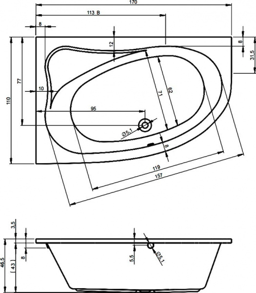 Ванна акриловая Riho Lyra 170x110 R B017001005 угловая