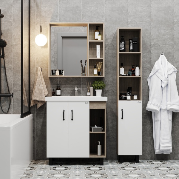 Тумба под раковину Onika Тимбер 109033 85 см R дуб сонома и белый напольная (раковина Адриана 90)