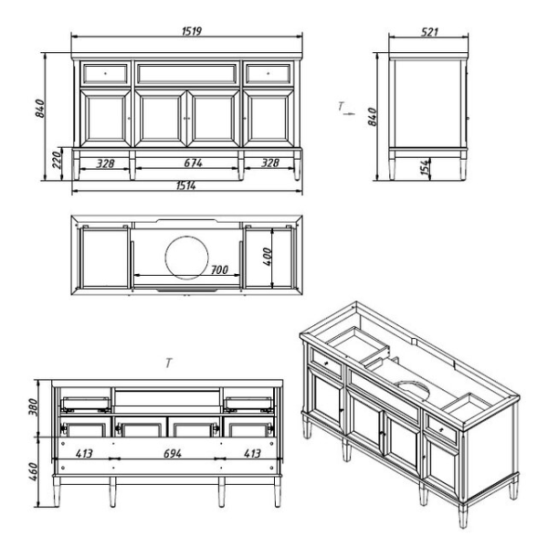 Тумба под раковину Caprigo Jardin 10424 150 см напольная (дерево, эмаль)