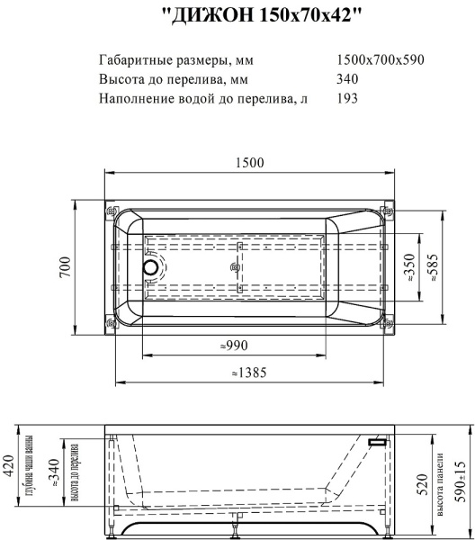 Ванна акриловая Radomir Дижон 150x70 2-01-0-0-1-262Р пристенная c каркасом