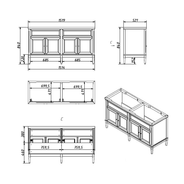 Тумба под раковину Caprigo Jardin 10425 150 см напольная (дерево, эмаль)