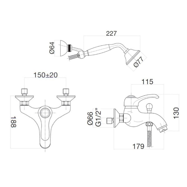 Смеситель для ванны Webert Aurora AU850101060 медь матовый с душевым гарнитуром