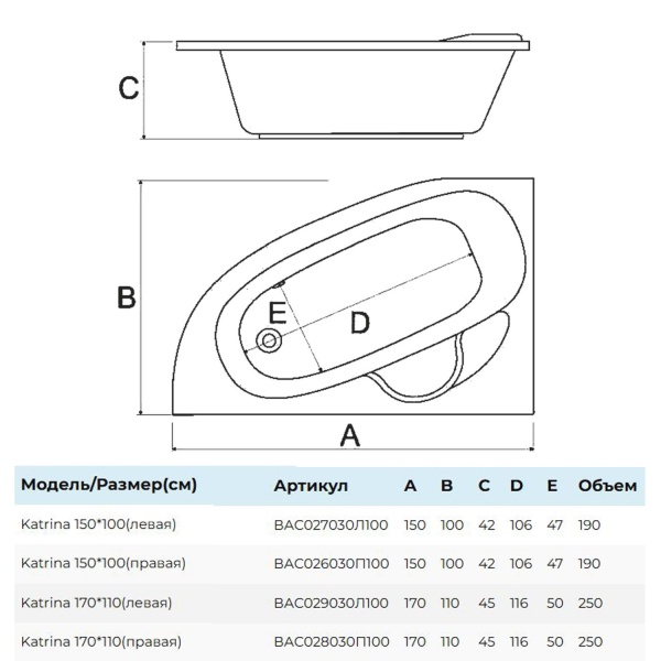 Ванна акриловая Alba Spa Katrina 150x100 L ВАС027030Л100 пристенная