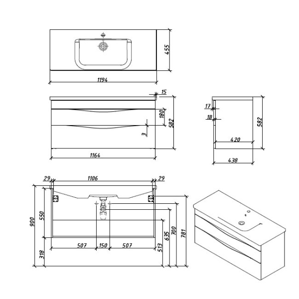 Тумба с раковиной Caprigo Lento 36216-SF027 115 см белая