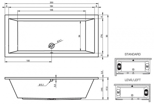 Ванна акриловая Riho Lusso 200x90 B016001005 пристенная