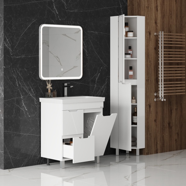 Тумба под раковину Onika Айленд 108070 80 см белая напольная с бельевой корзиной (раковина Адриана 80)