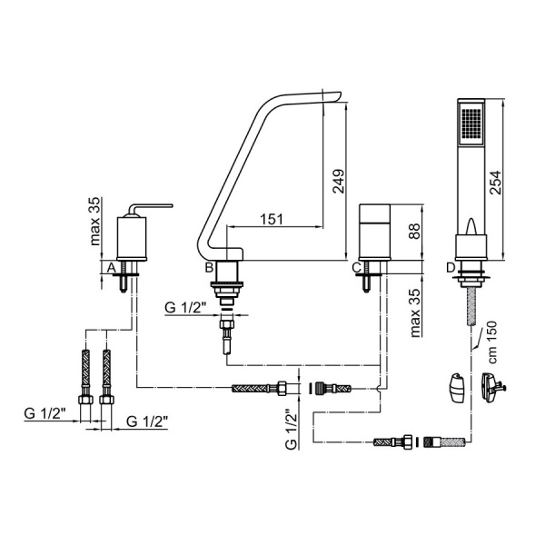 Смеситель на борт ванны Webert Wolo WO850701564 черный с хромом матовый