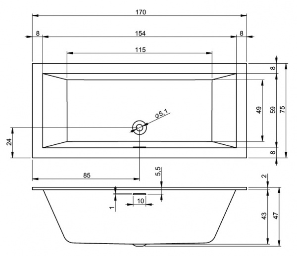 Ванна акриловая Riho Rething Cubic 170x75 B105001005 пристенная