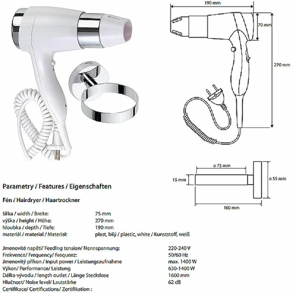 Фен Bemeta Hotelové Vybavení 999433084-2 белый;хром глянцевый с держателем