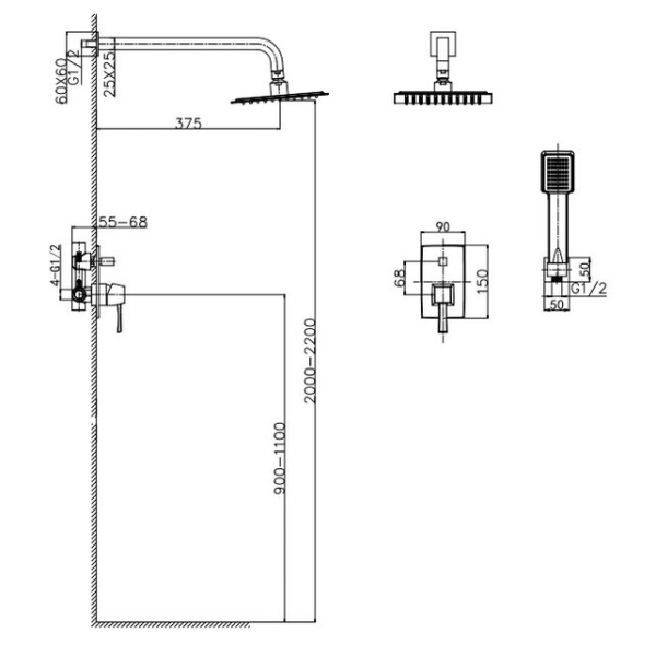 Душевой комплект со смесителем Caprigo Diamante 50-215-oro золото