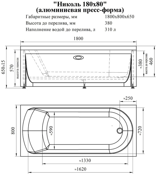 Ванна акриловая Radomir Николь 180x80 2-01-0-0-1-210Р пристенная c каркасом
