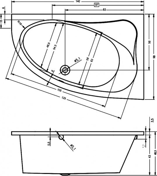 Ванна акриловая Riho Lyra 140x90 L B020001005 угловая