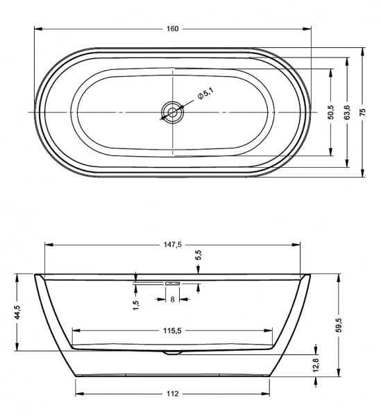 Ванна акриловая Riho Inspire 160x75 B091001005 отдельно стоящая