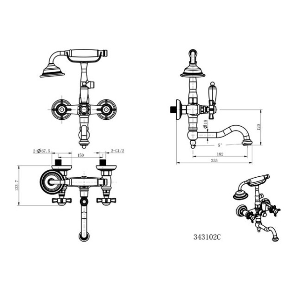 Смеситель для ванны Caprigo Bristol 21-510-crm хром с душевым гарнитуром